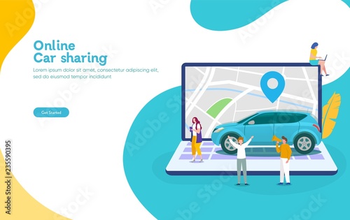 Online car sharing vector illustration concept, mobile city transportation with cartoon character and use smartphone,  can use for, landing page, template, ui, web, mobile app, poster, banner, flyer