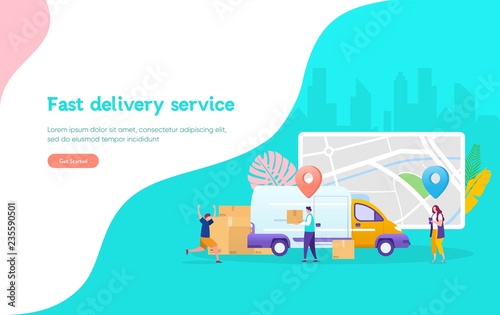Online delivery service concept, online order tracking, young man happy the package arrived, can use for, landing page, template, ui, web, mobile app, poster, banner, flyer