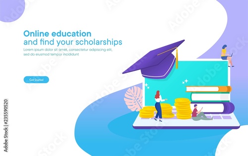 online education concept, online scholarships concept vector illustration, group of people on stack of money and book, can use for, landing page, template, ui, web, mobile app, poster, banner, flyer