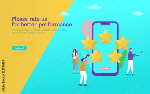 Costumer review rating vector illustration concept, people give review rating and feedback with smartphone , can use for, landing page, template, ui, web, mobile app, poster, banner, flyer, background