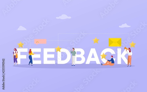 Feedback word rating vector illustration concept, people give review rating and feedback with smartphone , can use for, landing page, template, ui, web, mobile app, poster, banner, flyer, background