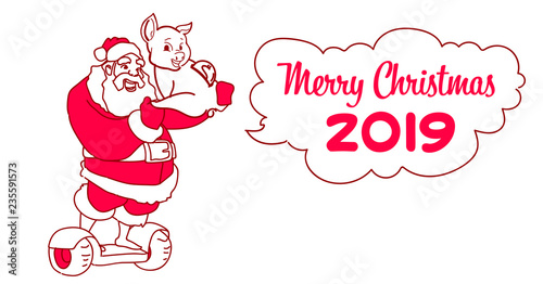 santa claus hold piggy bank ride electric scooter christmas holiday new year concept sketch doodle horizontal