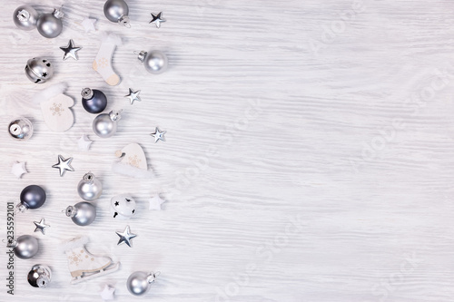 christmas holidays background with balls, stars, skate, santa hat, sock on white background