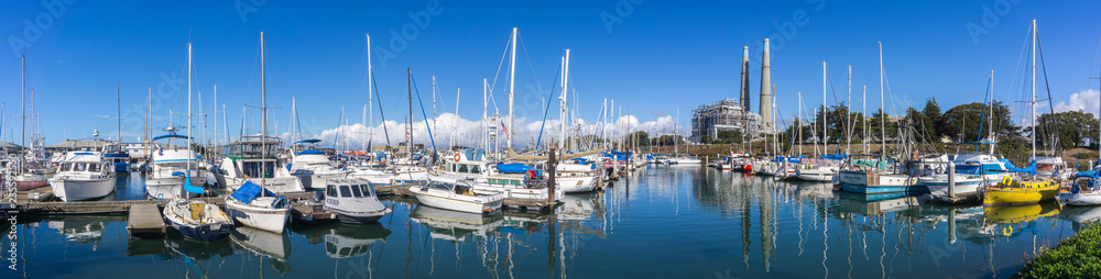 Panoramic view of Moss Landing marina in Monterey Bay on a sunny day, California