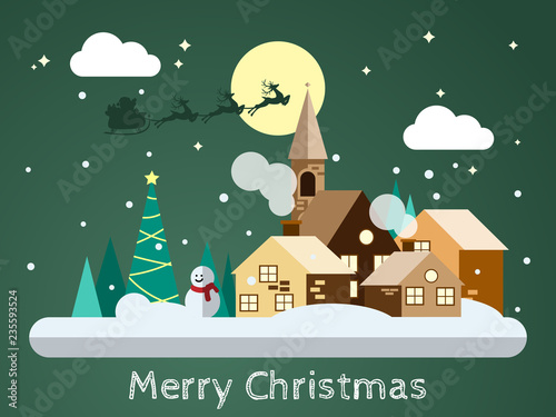 Santa Claus on the sky coming to snowing urban landscape in flat design with snow man at night times on dark green background. Vector illustration.