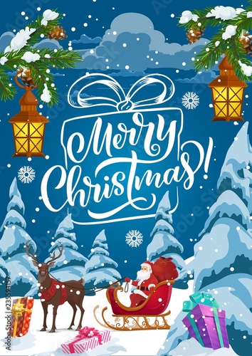 Christmas sleigh with Santa, Xmas gifts and deer © Vector Tradition