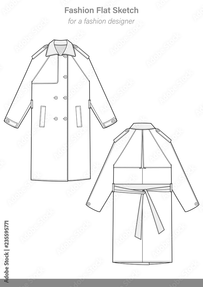 Trench coat fashion flat technical drawing template Stock Vector | Adobe  Stock