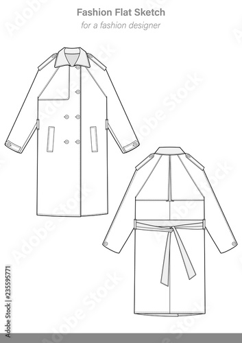 Coat, fashion flat sketch. technical drawing apparel template. • wall  stickers knitwear, cardigan, hooded | myloview.com