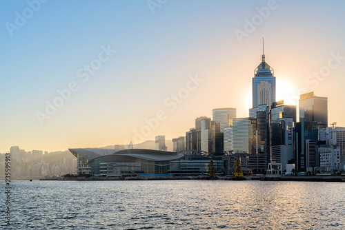Hong Kong cityscape in the morning over Victoria Harbour.