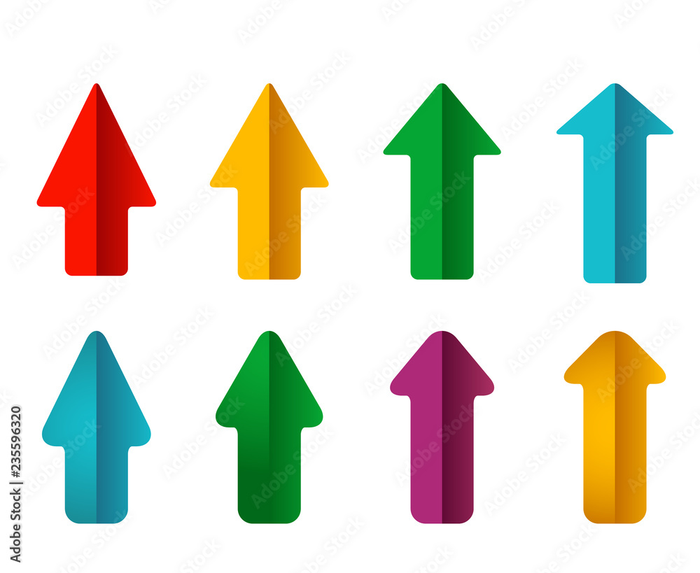 Set of bright different arrows with straight and round corners. move up isolated on white background.