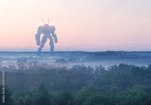 Sci-fi military giant battle machine. Humanoid robot in apocalypse countryside. Dystopia, science fiction, mech and combat technology concept. photo