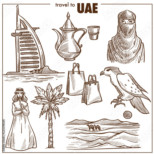 Arab Emirates tourism travel sketch landmarks and UAE culture sightseeing icons.