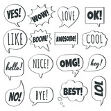 16 Speech bubbles flat style design set another shapes with text; love, yes, like, lol, cool, wow, boom, yes, omg... hand drawn comic cartoon style set vector illustration isolated on white background