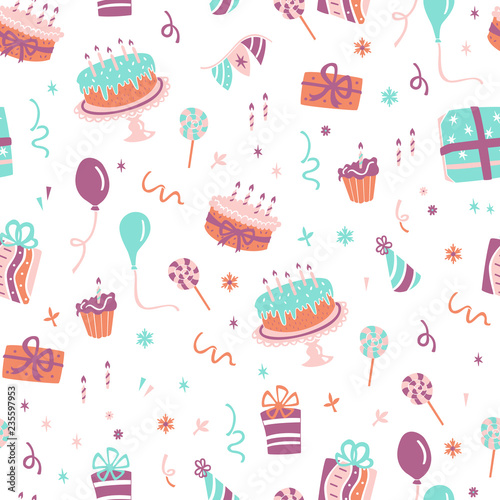 Birthday Seamless Pattern. Hand Drawn Celebration Elements Background.