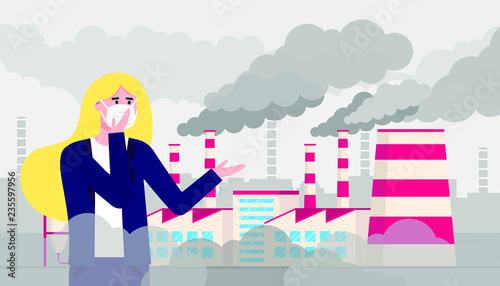 Confused woman wearing mask against smog. Fine dust, air pollution, industrial smog protection concept flat style design vector illustration. Industrial factory pipes with huge clouds of smoke behind.