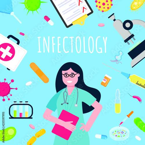 Infectology banner concept flat style design poster. Female woman doctor employee on it arounded with hospital equipment and medicines. Medical awareness flu, influenza, polio, etc... disease banner.