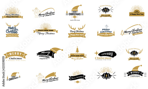 Merry Christmas emblem symbols with vintage style. Golden color Happy New Year, 2019. Vector Illustration. photo