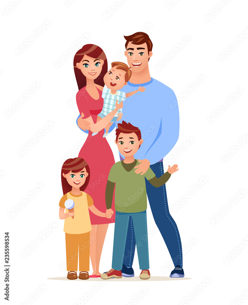 A happy family. Vector illustration. Young happy parents with their three children