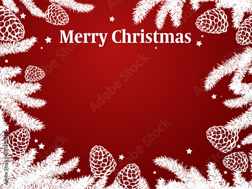 Christmas holiday season background of fir branches and pine nuts on red background for your copy space. Vector illustration.