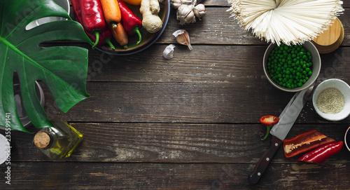 Frame raw ingredients cooking vegetarian kitchen thai noodles table top view photo