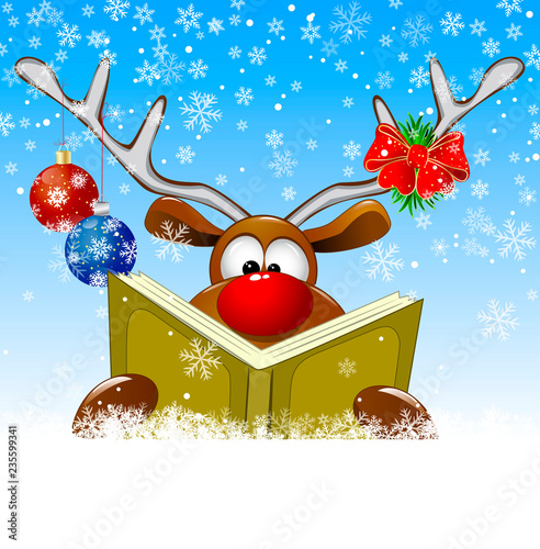 Reindeer reading a book. A deer with a book and with Christmas decorations on a winter background  