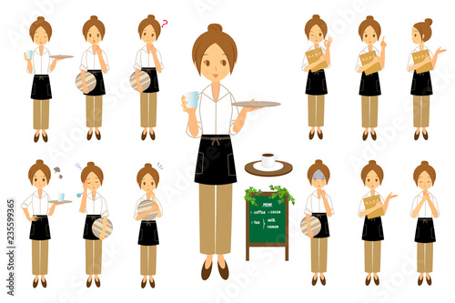 職業　ウェイトレス　色々な表情とポーズ　セット　全身