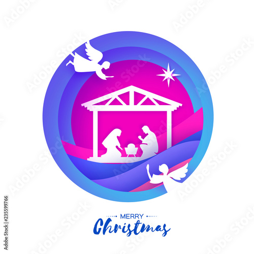 Birth of Christ. Baby Jesus in the manger. Holy Family. Magi. Angels. Star of Bethlehem - east comet. Nativity Christmas design in paper art style. Happy new year. Circle tunnel frame. Purple.
