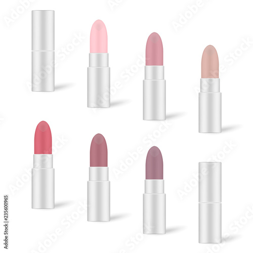 Set of color lipstick in silver tube isolated on white background