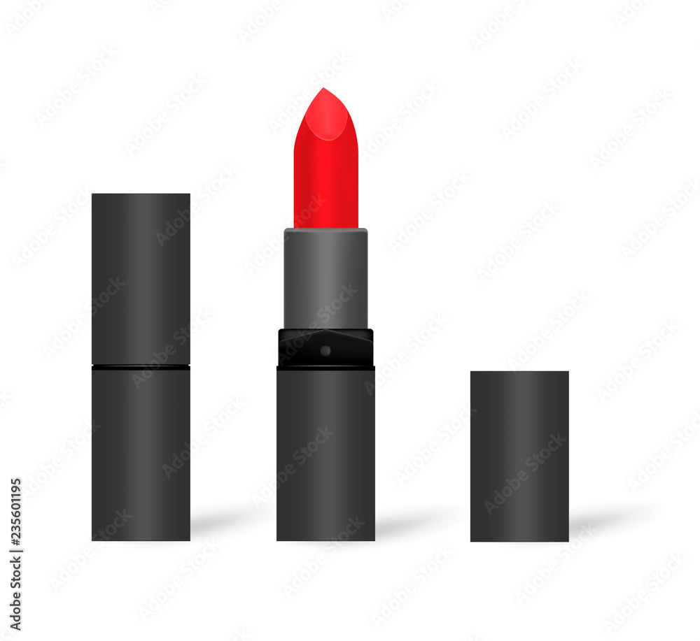 Red lipstick in black tube isolated on white background, mock-up Red lipstick in black tube isolated on white background, mock-up