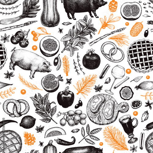 Christmas dinner seamless pattern. Vector hand drawn illustrations. Happy Christmas dinner retro design. Background with harvest, vegetables, pastry, bakery, meat pork.