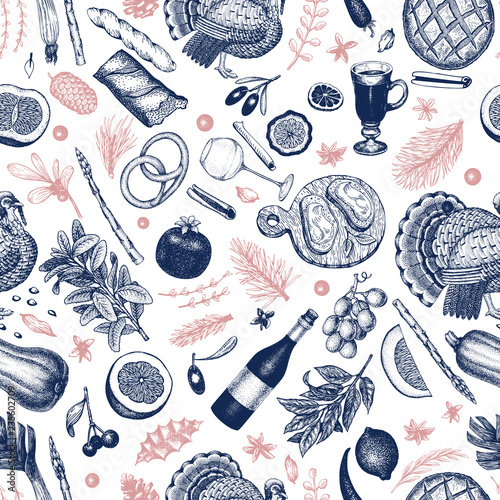 Christmas dinner seamless pattern. Vector hand drawn illustrations. Happy Christmas dinner retro design. Background with harvest, vegetables, pastry, bakery, meat turkey.