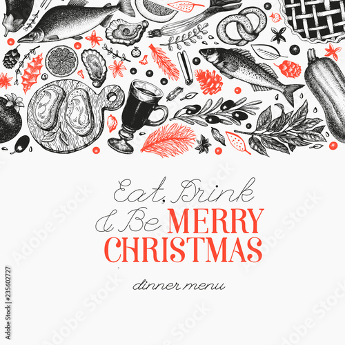 Happy Christmas Dinner design template. Vector hand drawn illustrations. Greeting Christmas card in retro style. Frame with harvest, vegetables, pastry, bakery, seafood, fish