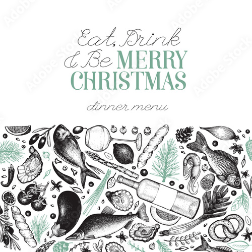 Happy Christmas Dinner design template. Vector hand drawn illustrations. Greeting Christmas card in retro style. Frame with harvest, vegetables, pastry, bakery, seafood, fish