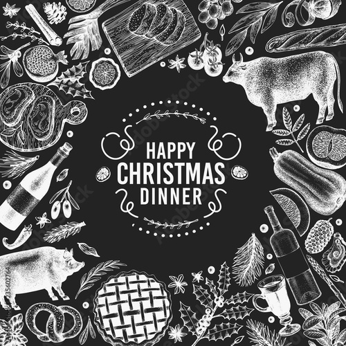 Happy Christmas Dinner design template. Vector hand drawn illustrations on chalk board. Greeting Christmas card in retro style. Frame with harvest, vegetables, pastry, bakery, meat