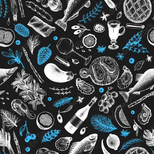 Christmas dinner seamless pattern. Vector hand drawn illustrations on chalk board. Happy Christmas dinner retro design. Background with harvest, vegetables, pastry, bakery, fish.