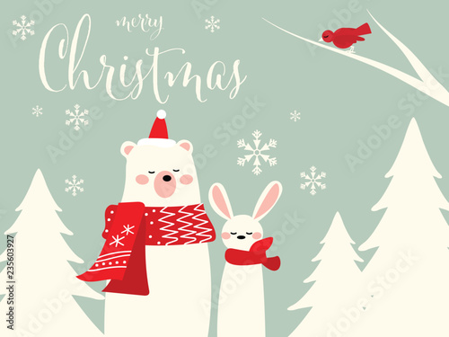 Christmas holiday banner of cute bear and rabbit wearing red scarf and Santa hat in winter forest with Merry Christmas text. Vector illustration.