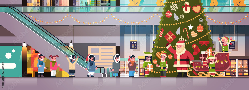 santa claus elves give present gift box mix race children group modern retail store interior decorated for christmas holiday new year concept flat horizontal vector illustration