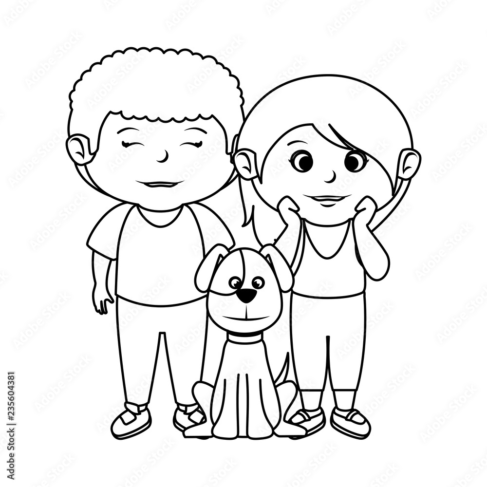 cute little kids couple with dog