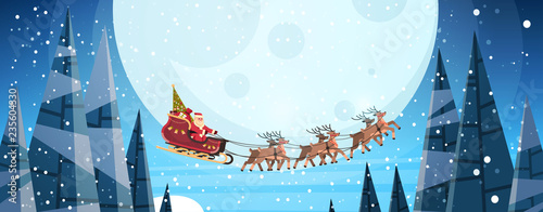 santa claus flying in sledge with reindeers night sky over moon merry christmas happy new year horizontal winter holidays concept flat vector illustration
