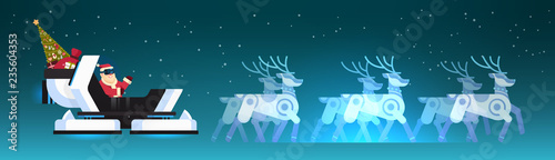 Santa wear digital glasses in robotic modern sleigh virtual reality reindeer merry christmas happy new year greeting card winter holidays concept horizontal flat vector illustration