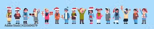 mix race people group wearing winter clothes red hat hold gift box present merry christmas holiday happy new year concept full length flat horizontal banner vector illustration