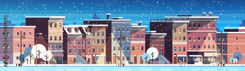 city building houses night winter street cityscape background merry christmas happy new year concept flat horizontal banner flat vector illustration