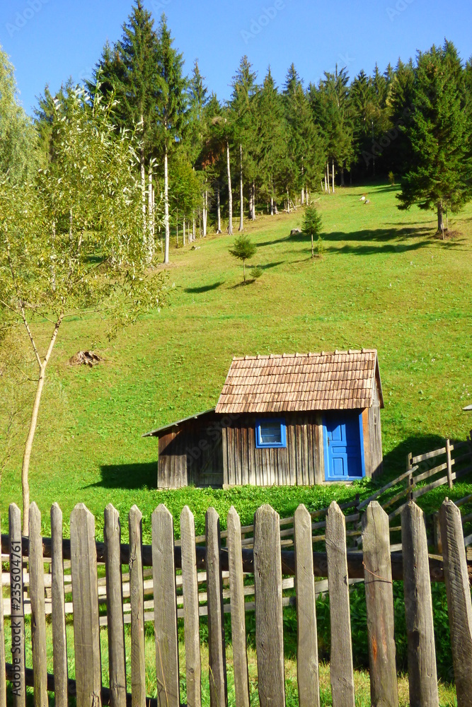 Small wooden hillside cabin meadows