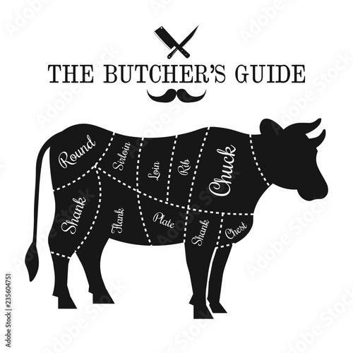Beef cut lines diagram graphic poster, guide for butcher 