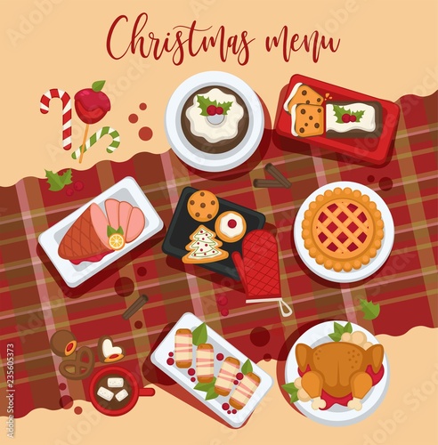 Christmas delicious traditional food on a table. Top view