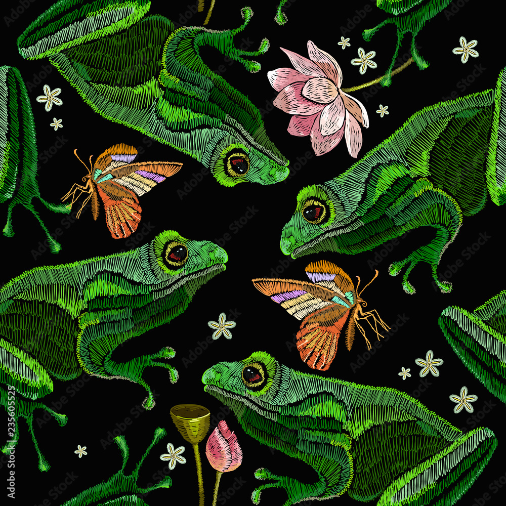 Obraz premium Embroidery frogs, lotus flowers and butterfly seamless pattern. Clothes template, t-shirt design