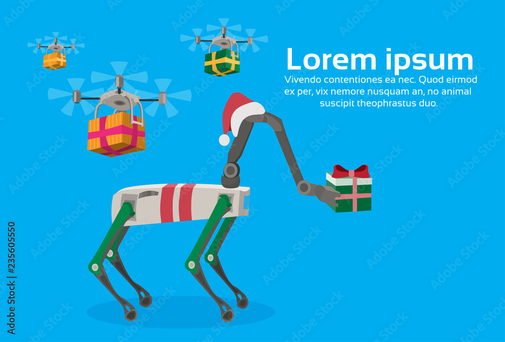 robot deer red hat hold gift box present drone delivery service cartoon  animal robotic mechanical character reindeer flat blue background copy  space horizontal vector illustration vector de Stock | Adobe Stock
