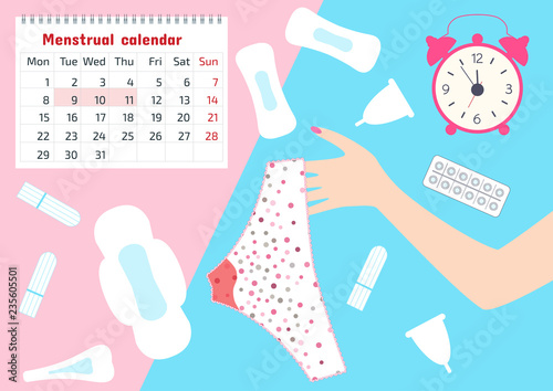 Vector illustration of pants with menstrual blood spots in women monthlies period, tampon, cap and pads. Feminine hygiene in Menstrual periods. Woman critical days, hygiene protection. Menstruation.