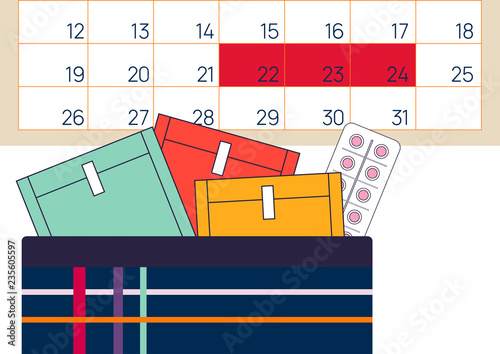 Vector illustratoin of calendar, menstruation sanitary soft pads in kit. Woman critical days, menstrual cycle. A beautician with cotton pads, pills. Travel cosmetic bag. Hygiene protection for women