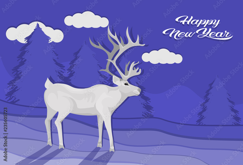 white deer cartoon animal reindeer flat fir tree landscape background christmas greeting card horizontal vector illustration white deer cartoon animal reindeer flat fir tree landscape background christmas greeting card horizontal vector illustration